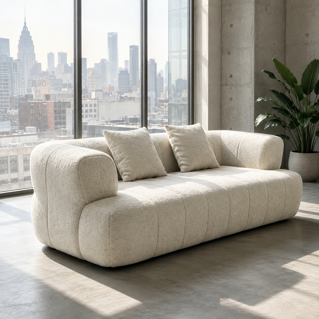 Ouate Sofa in cream bouclé, wide horizontal channels running round the seat, back and arms