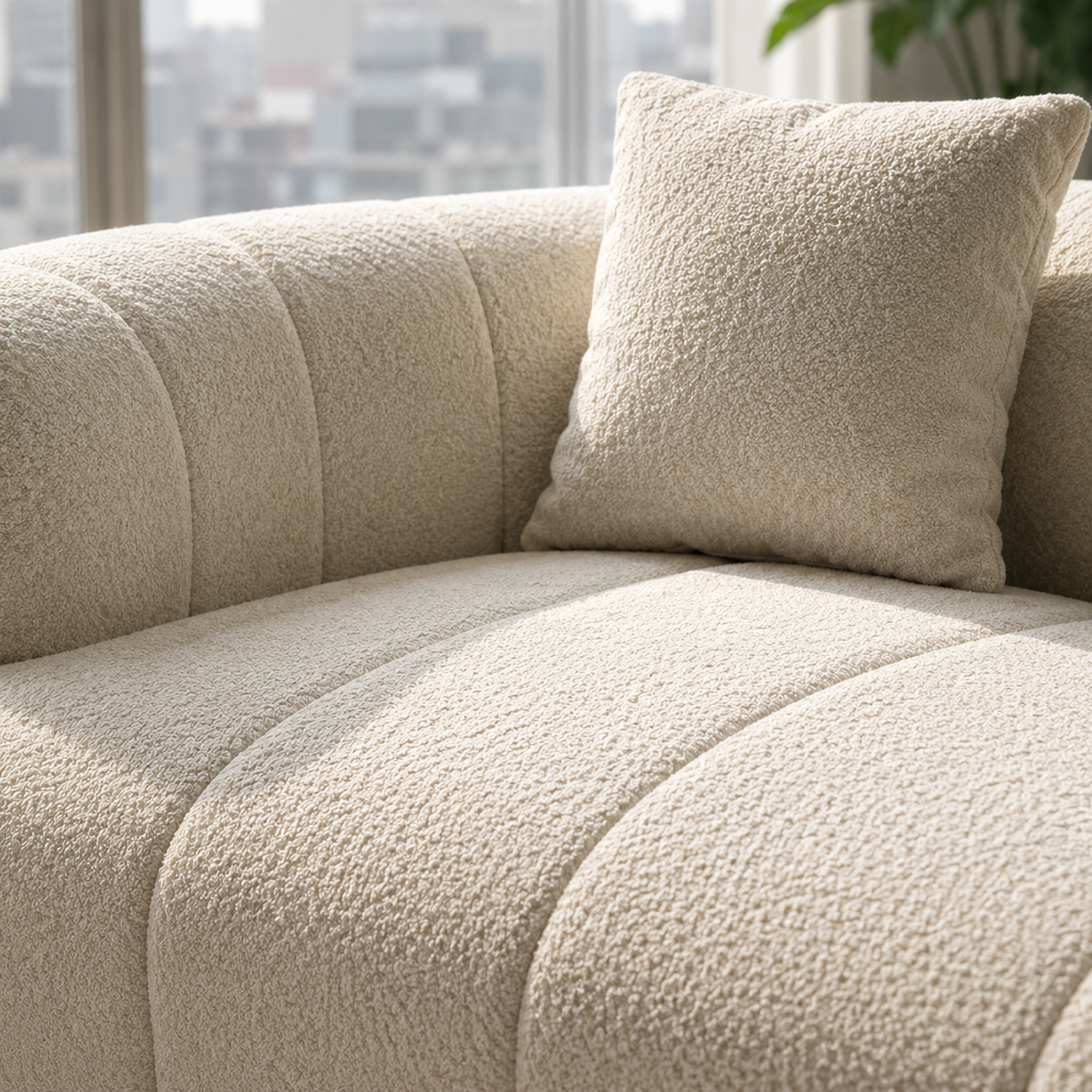 Close view of the Ouate Sofa seat, the loop of the bouclé and the channelled back behind it