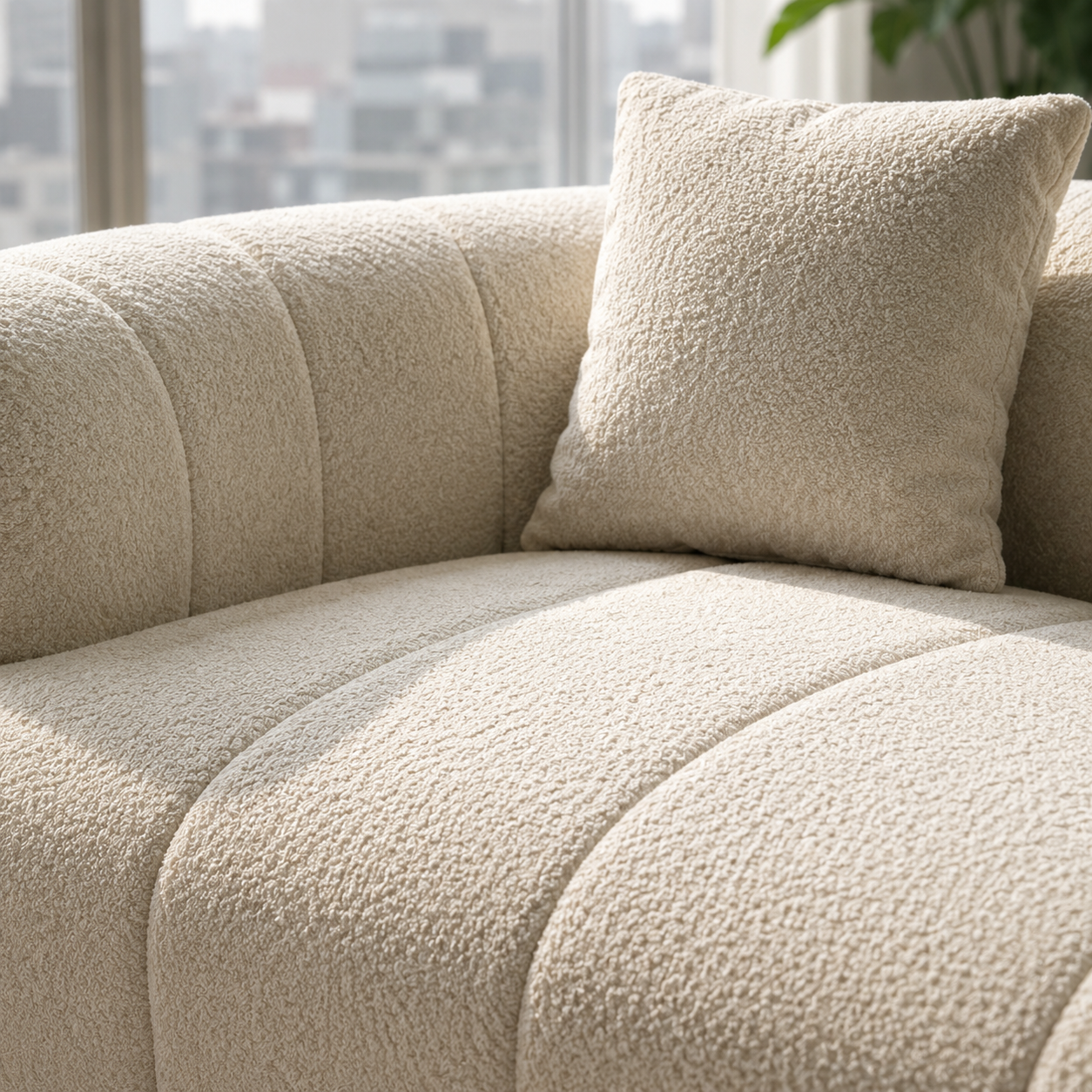 Close view of the Ouate Sofa seat, the loop of the bouclé and the channelled back behind it