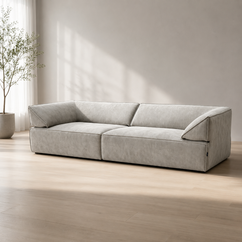 Pavé Sofa in greige chenille, two blocks side by side with wedge arms leaning in from the ends