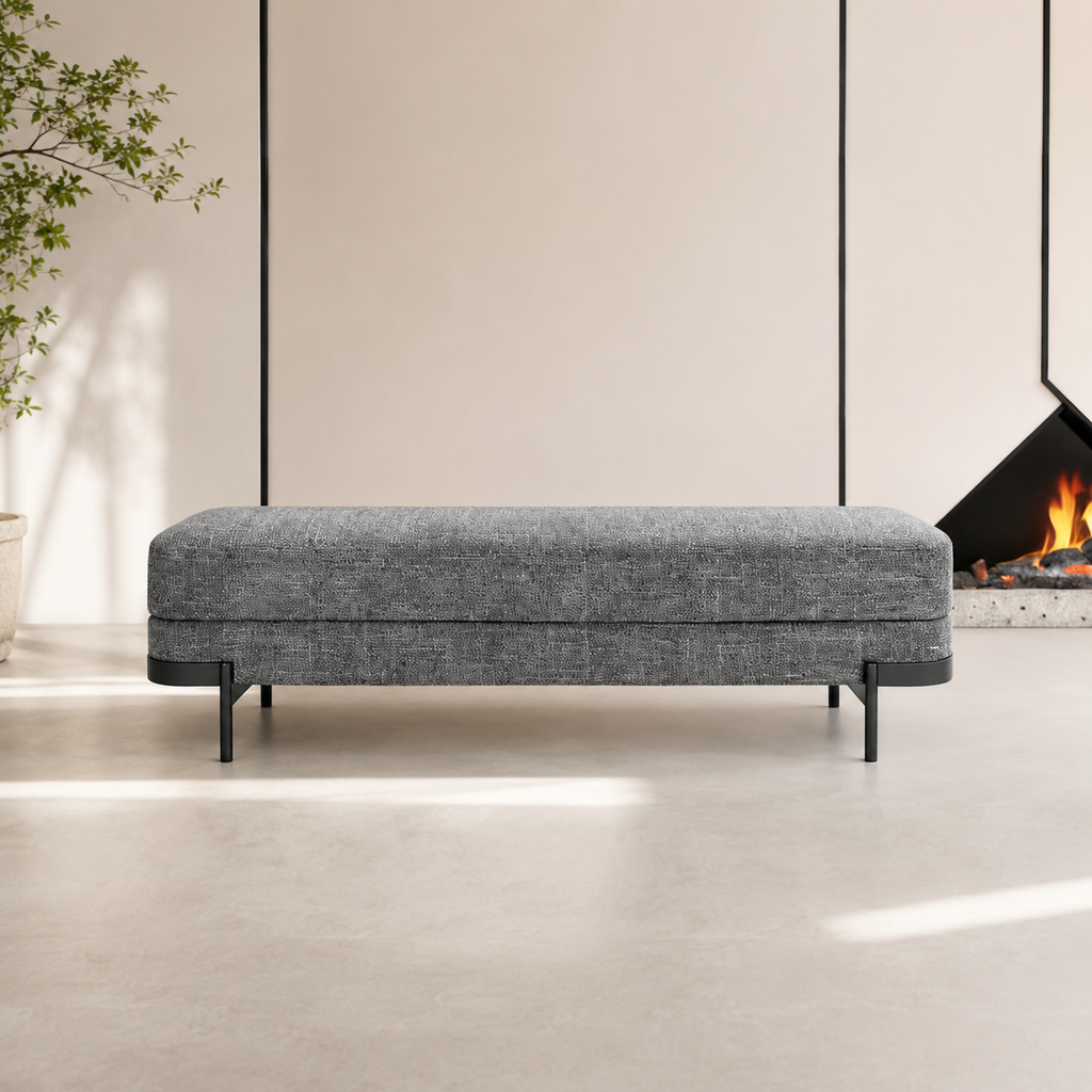 The Perrin Bench seen straight on, showing the full length and the seat height