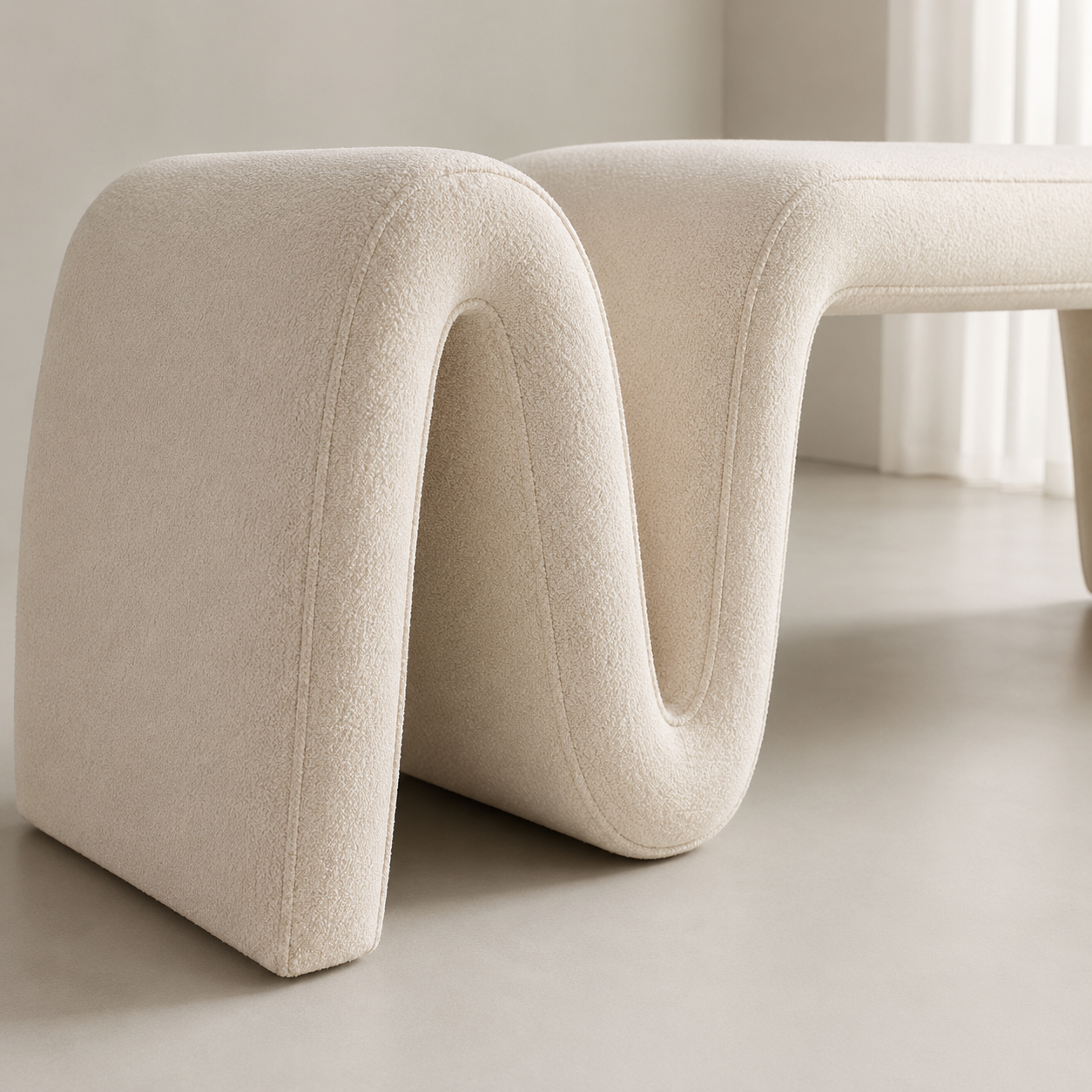 Close view of the Ruban Bench, the deep V of the fold and the single seam that runs the length of the band