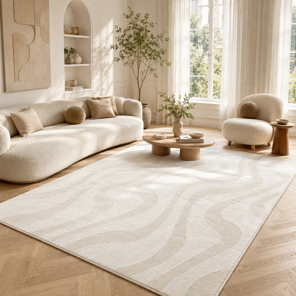 Serein Rug in ivory with carved organic waves, in a sunlit room with a curved boucle sofa
