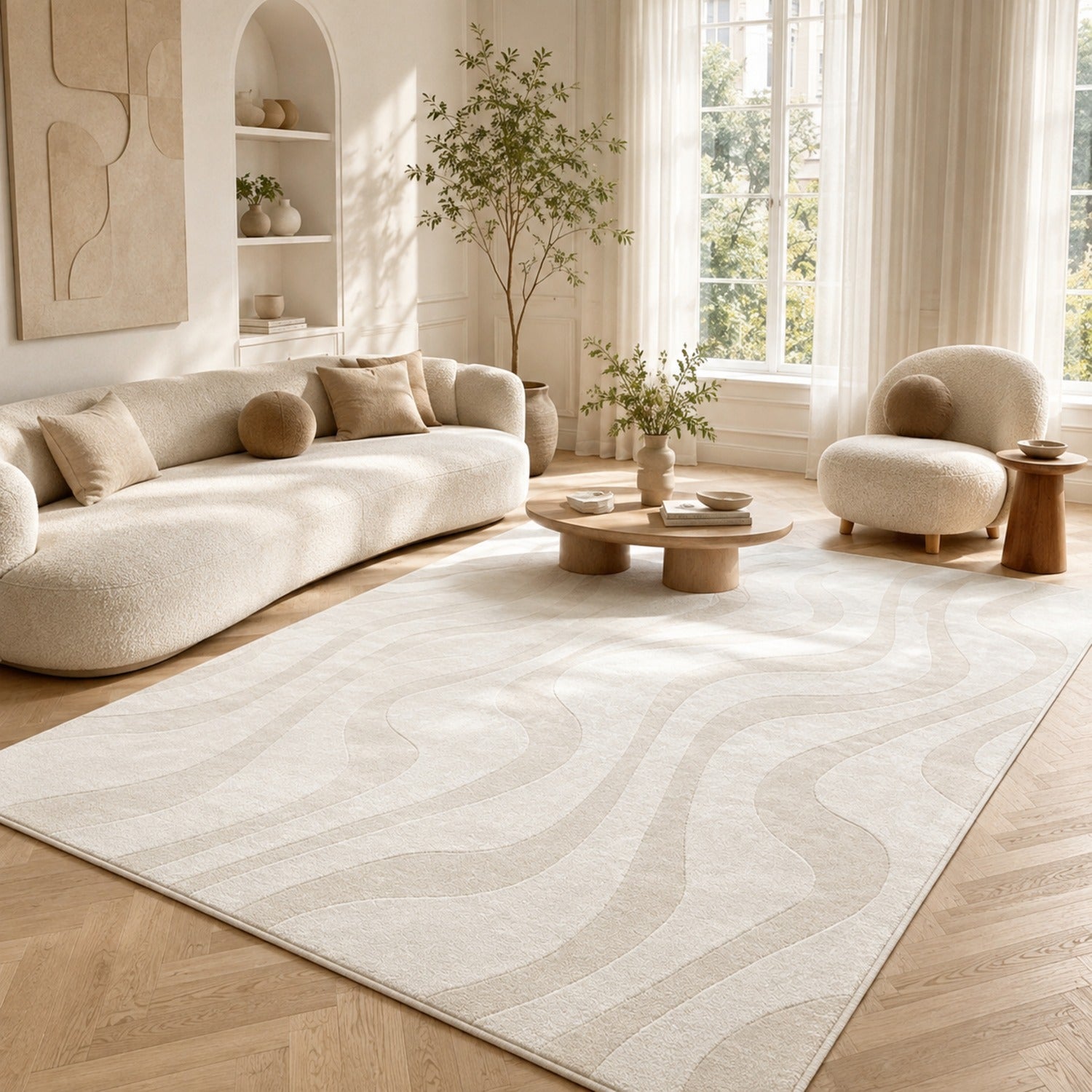 Serein Rug in ivory with carved organic waves, in a sunlit room with a curved boucle sofa