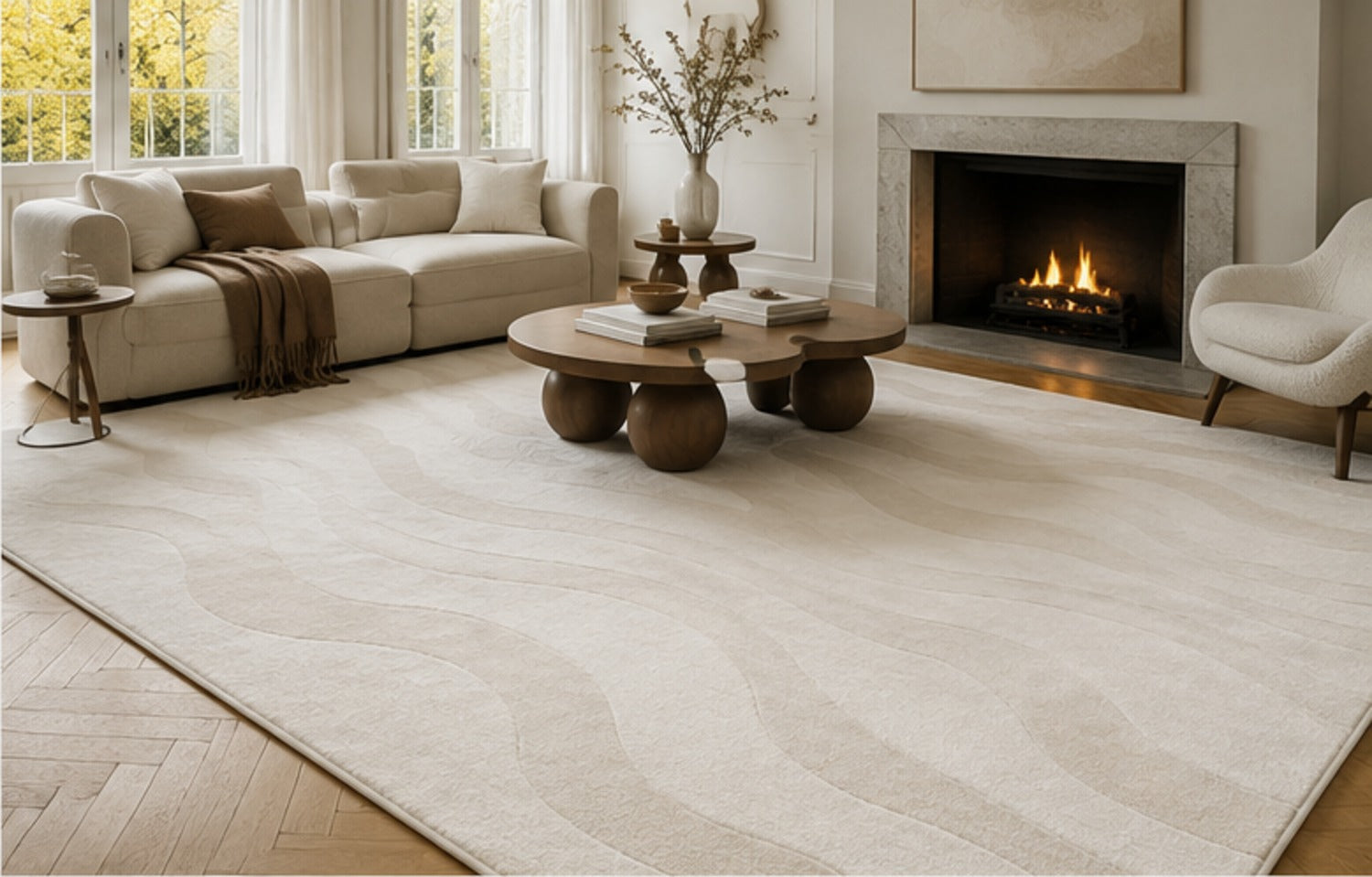 Serein Rug in a panelled room with a marble fireplace and a round wooden coffee table