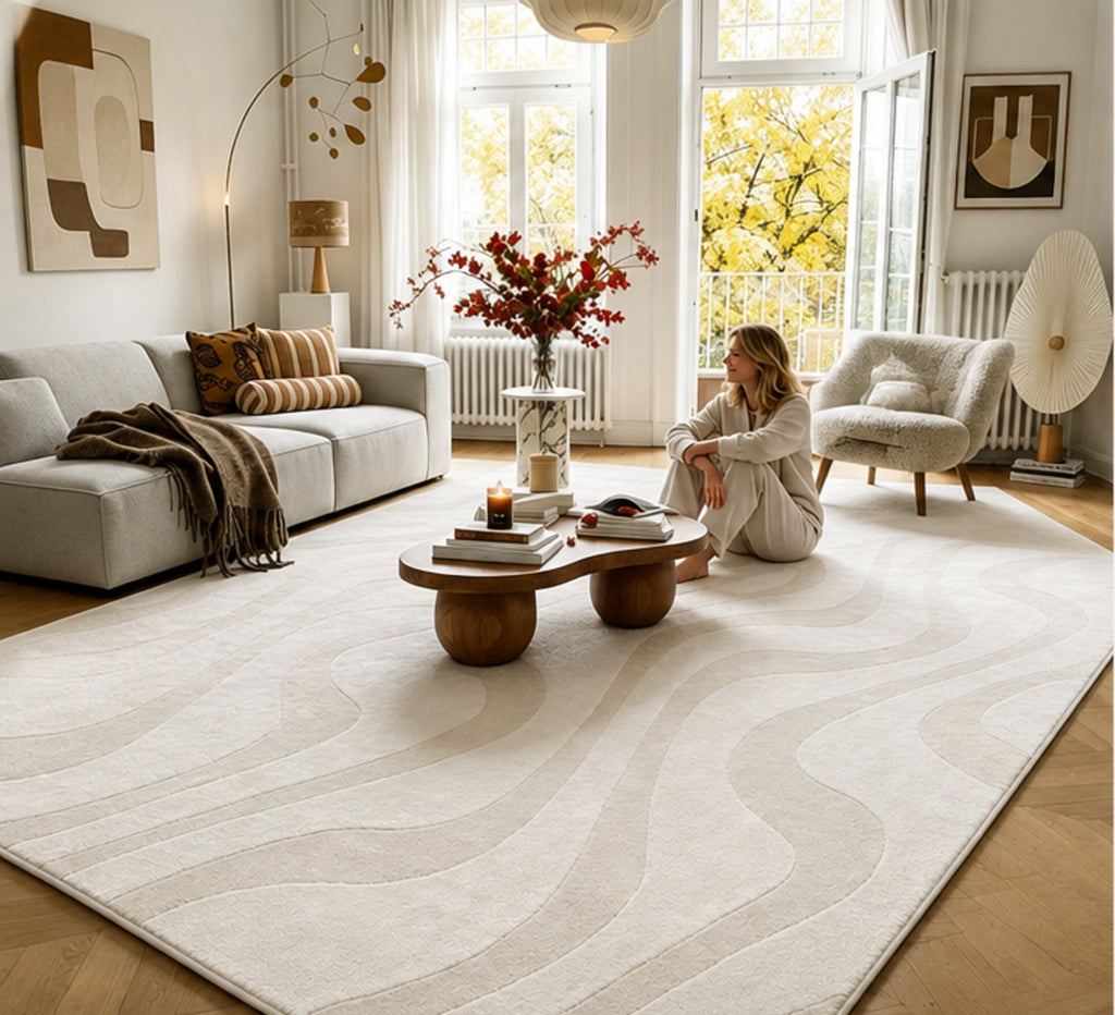 Serein Rug seen across a bright living room with tall windows and a sheepskin chair
