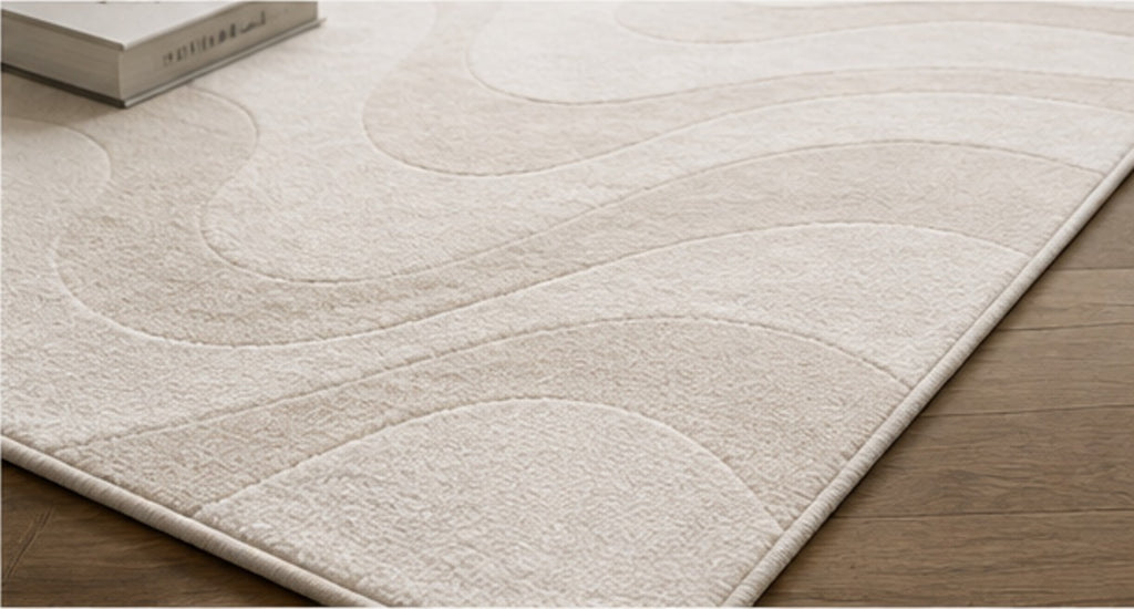 The Serein Rug's cut pile seen at an angle, showing the raised and lowered wave lines
