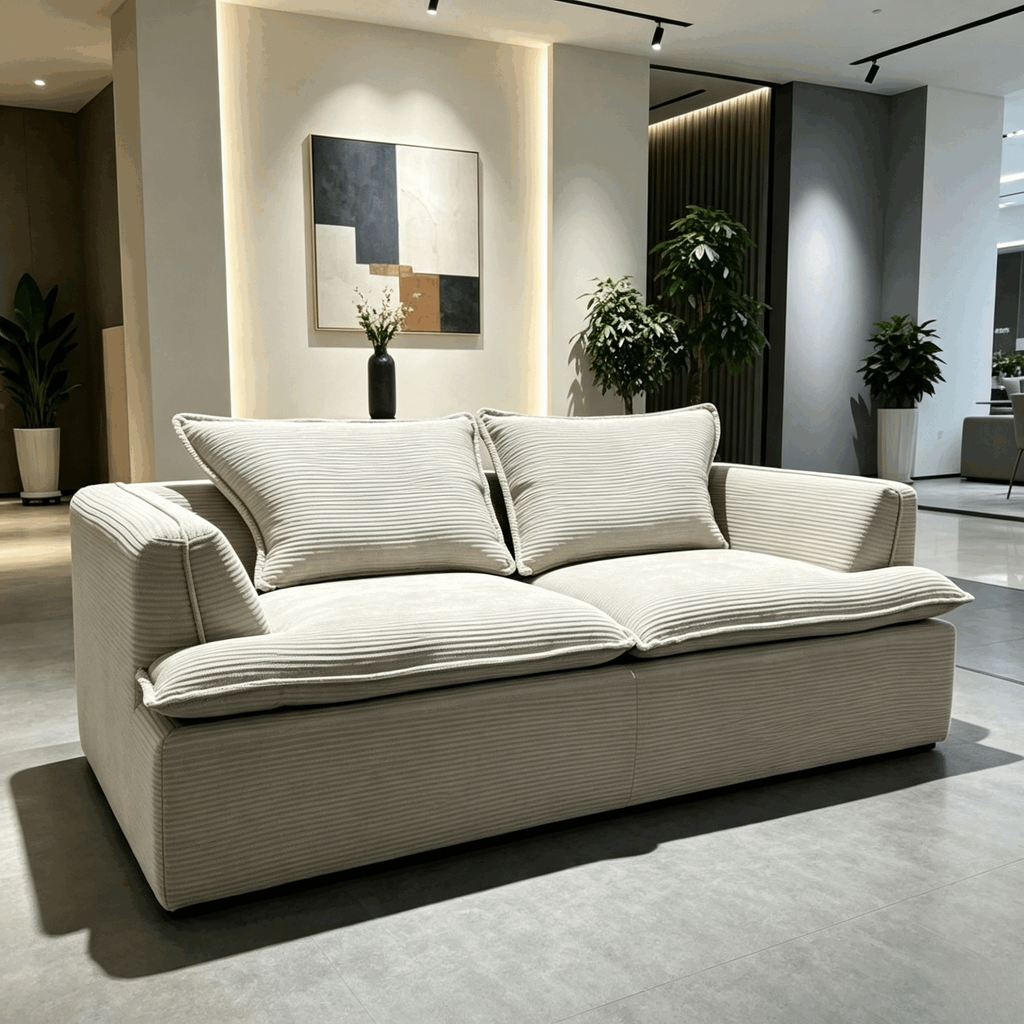 Sillon Sofa in sand corduroy, the wide ribs running along the base and up the arms