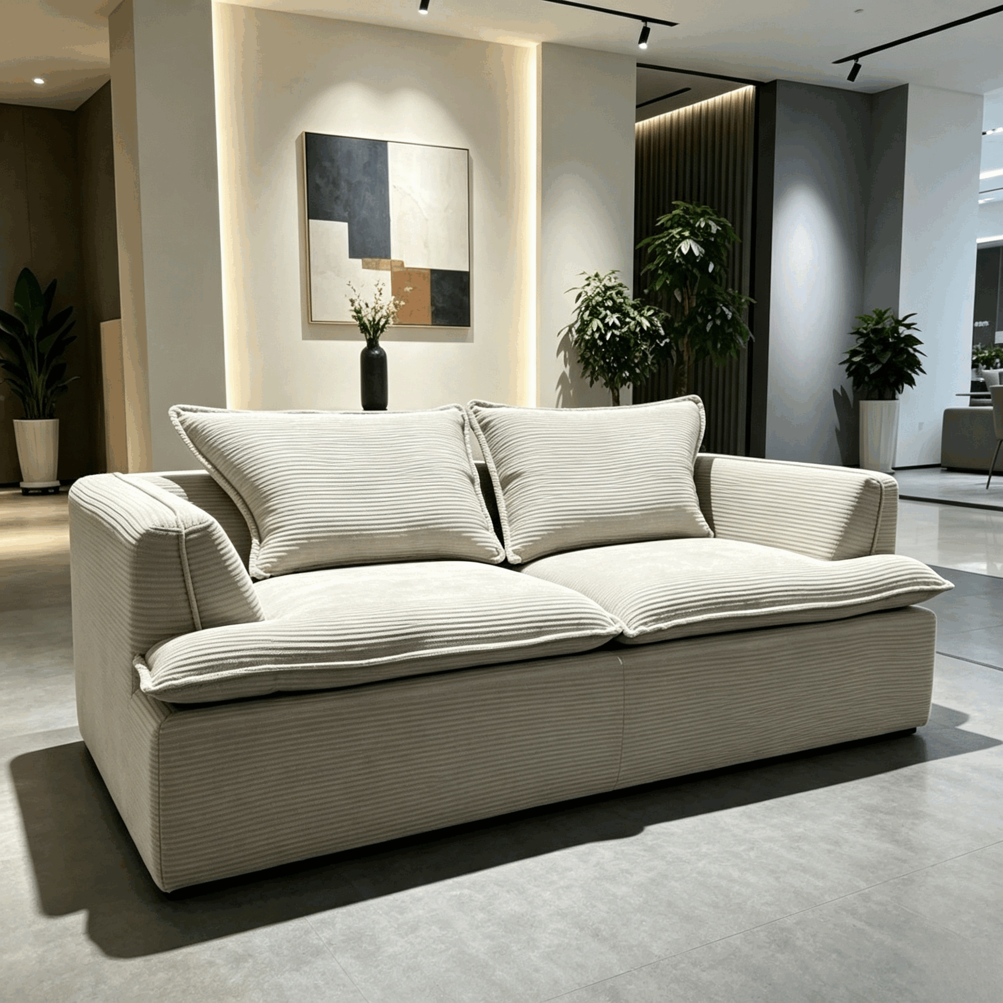 Sillon Sofa in sand corduroy, the wide ribs running along the base and up the arms