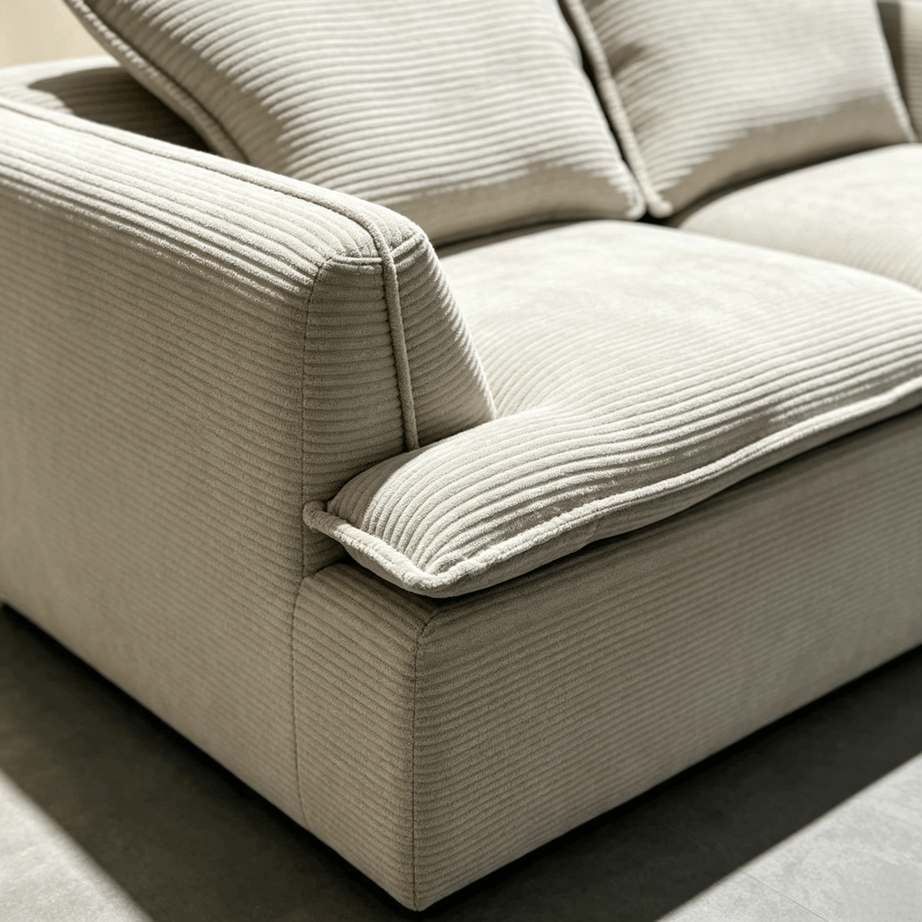 Close view of the Sillon Sofa arm, the bolster resting on the low corduroy arm