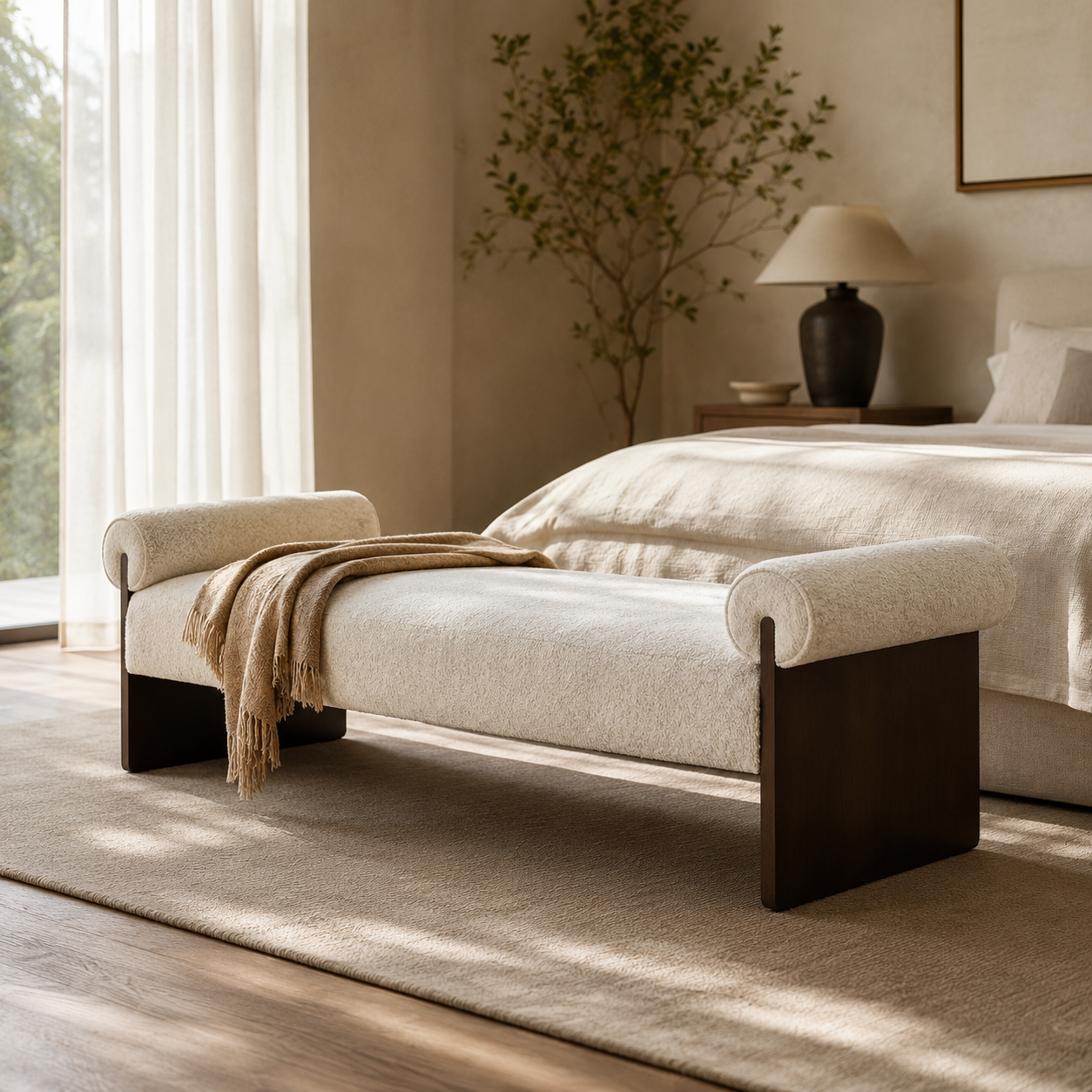 Solene Bench in cream boucle with rolled bolster ends, at the foot of a bed on dark stained wood legs