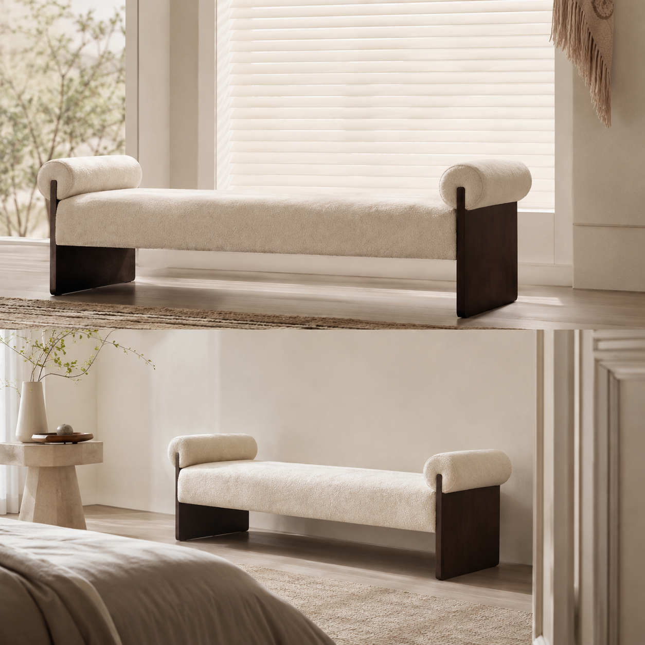 Solene Bench in cream boucle seen at a window and again at the foot of a bed