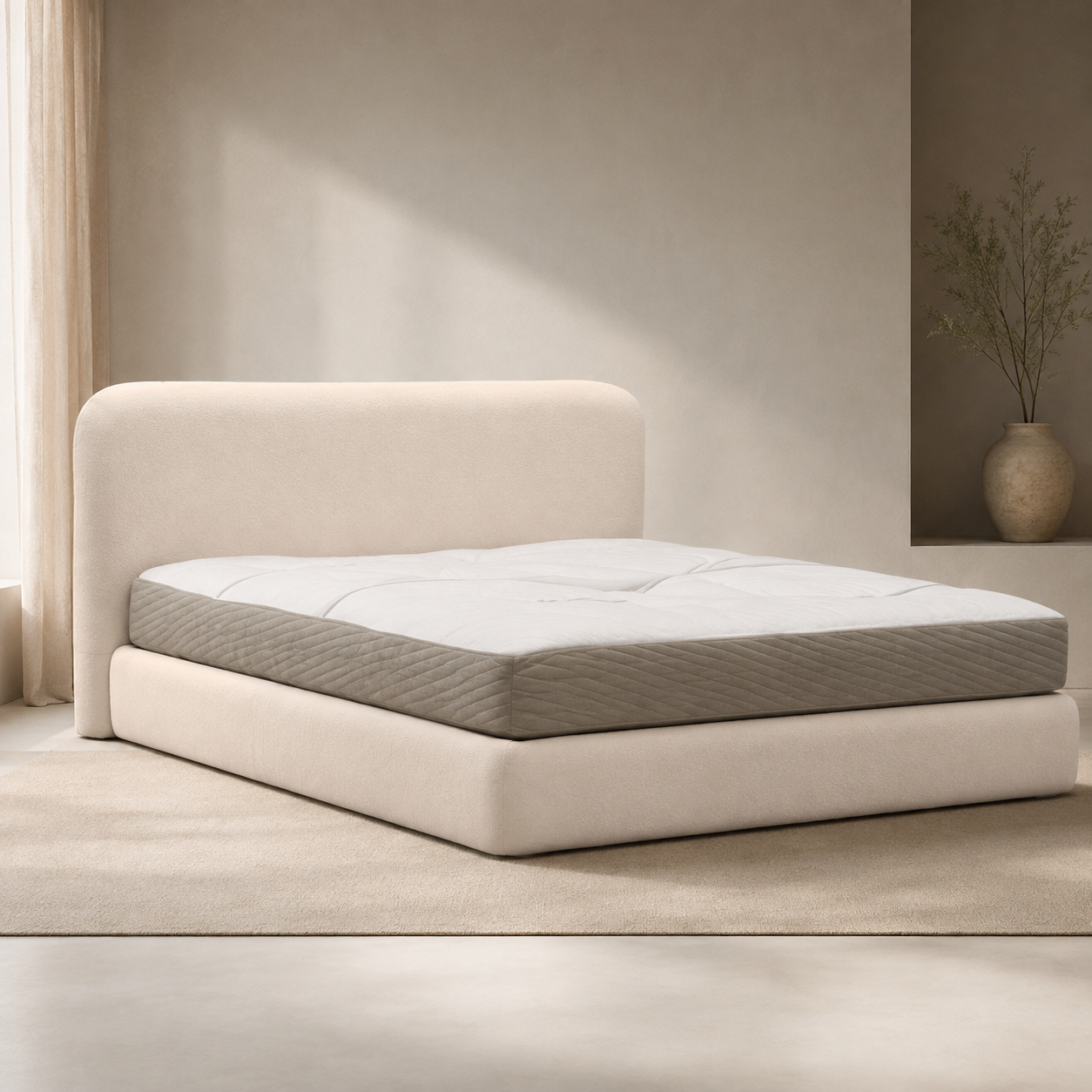 Songe Bed in cream, the rounded headboard standing free behind a low upholstered platform