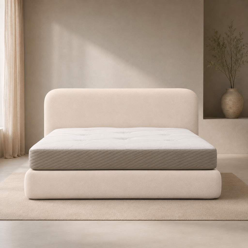 Songe Bed seen straight on, the headboard reading as one soft rounded panel above the platform