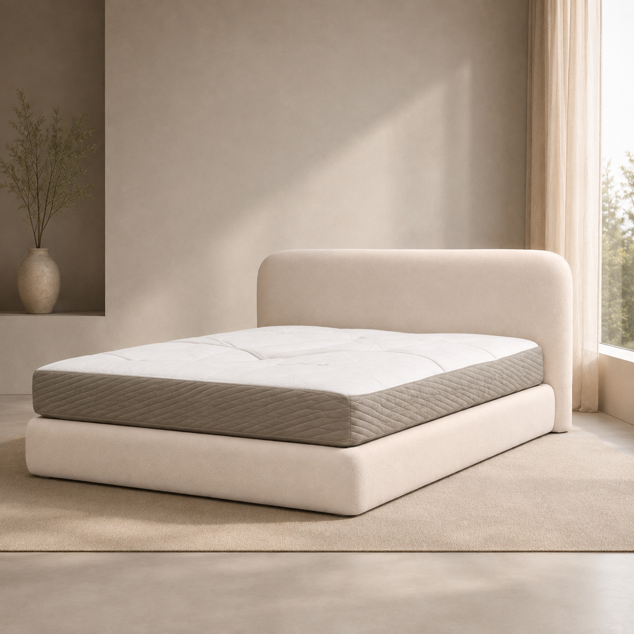 Songe Bed from the other side, the platform running past the headboard at both corners