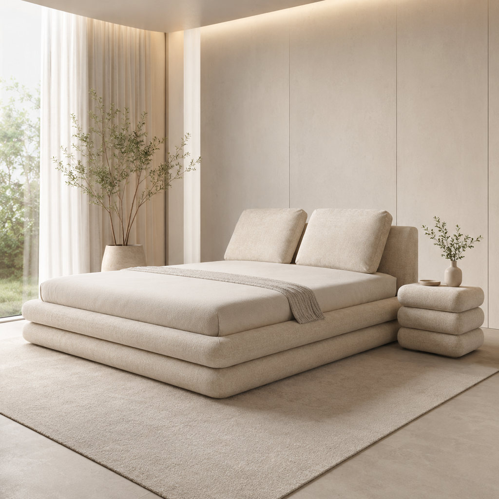 Strate Bed at an angle in a plaster room, the stacked slabs reading as three long rolls