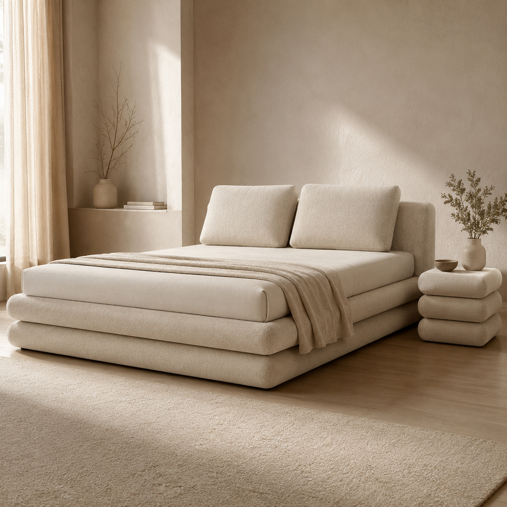 Strate Night Stand in cream bouclé, three rounded slabs stacked into a small side table