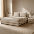 Strate Night Stand in cream bouclé, three rounded slabs stacked into a small side table