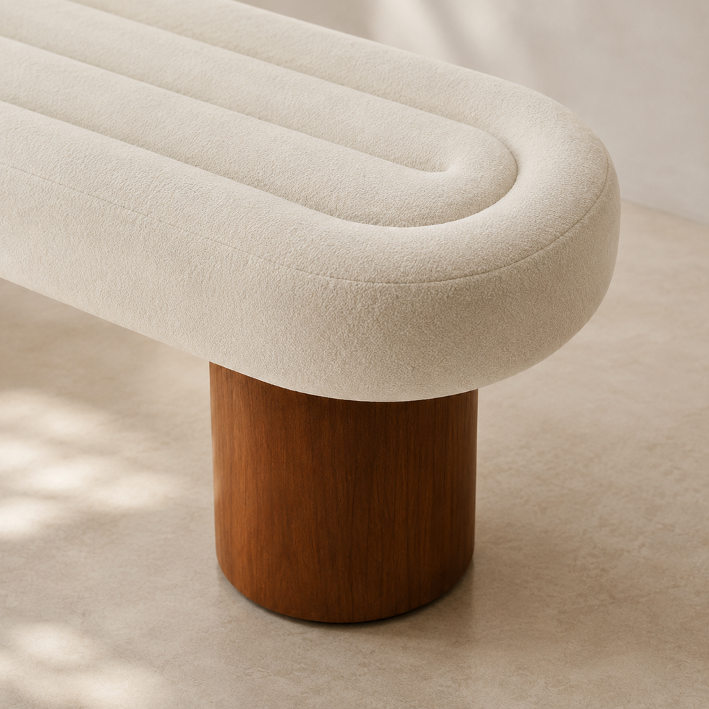 Close view of the Tambour Bench, the concentric channels turning around the rounded end above a wooden drum