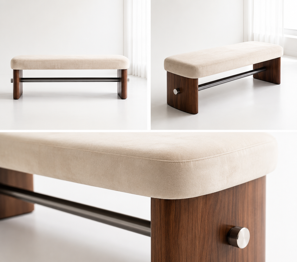 Three views of the Tirant Bench: side elevation, three-quarter view, and a close view of the brushed cap where the tie-rod passes through the walnut