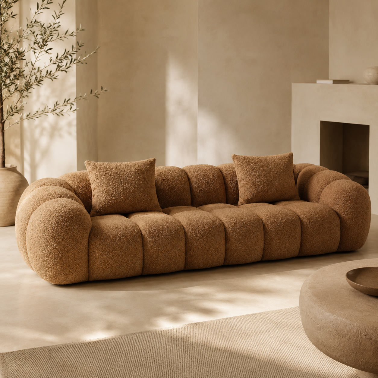 Tonneau Sofa at an angle beside a fireplace, the arms curling round to meet the back