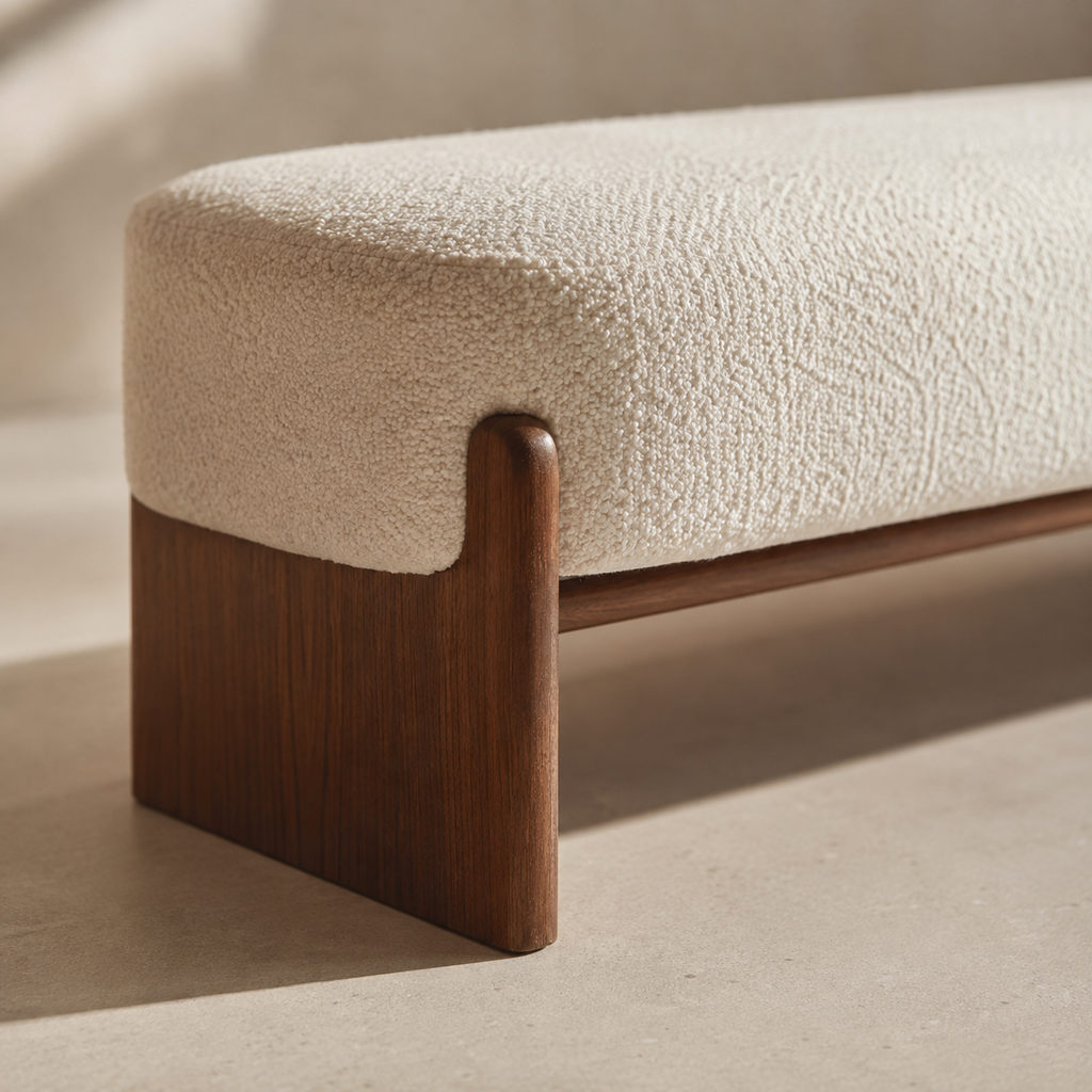 Close view of the Traverse Bench, the rounded upright of the leg holding the bouclé cushion in place