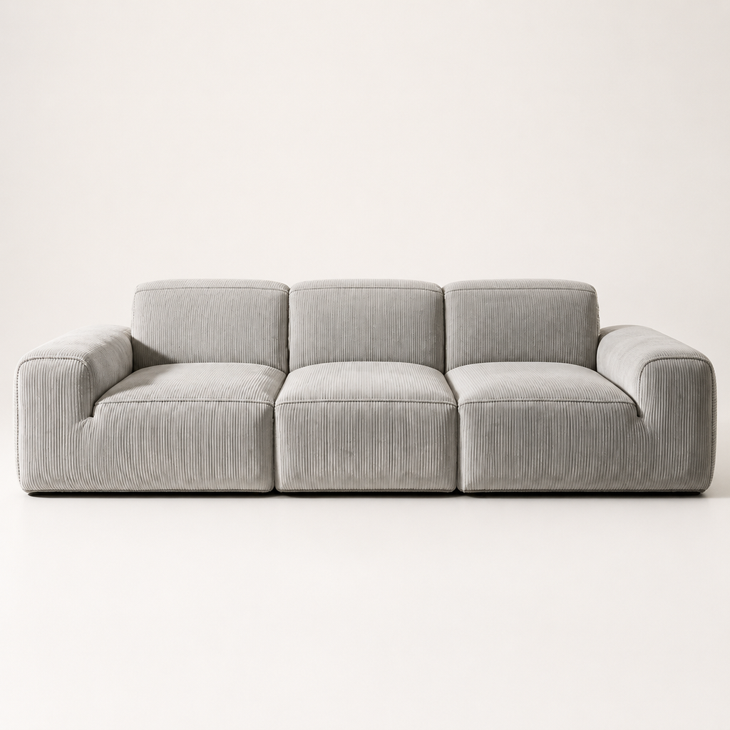Triptyque Sofa straight on, the three seat modules and three back cushions squared up