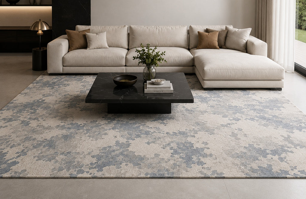 Valori Rug in grey and slate blue under a large ivory sofa and a black marble coffee table